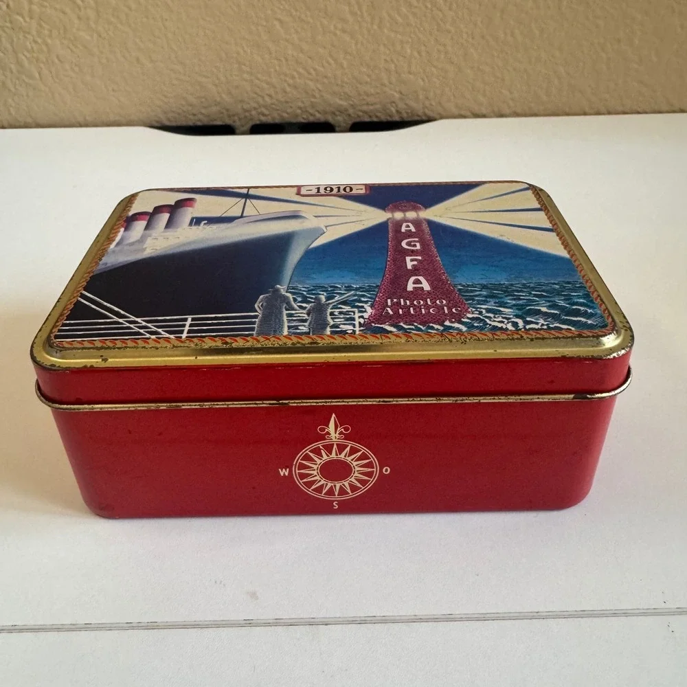 Agfa Photo Article 1910 Steamship Lighthouse Vintage Style Red Metal Tin Box
